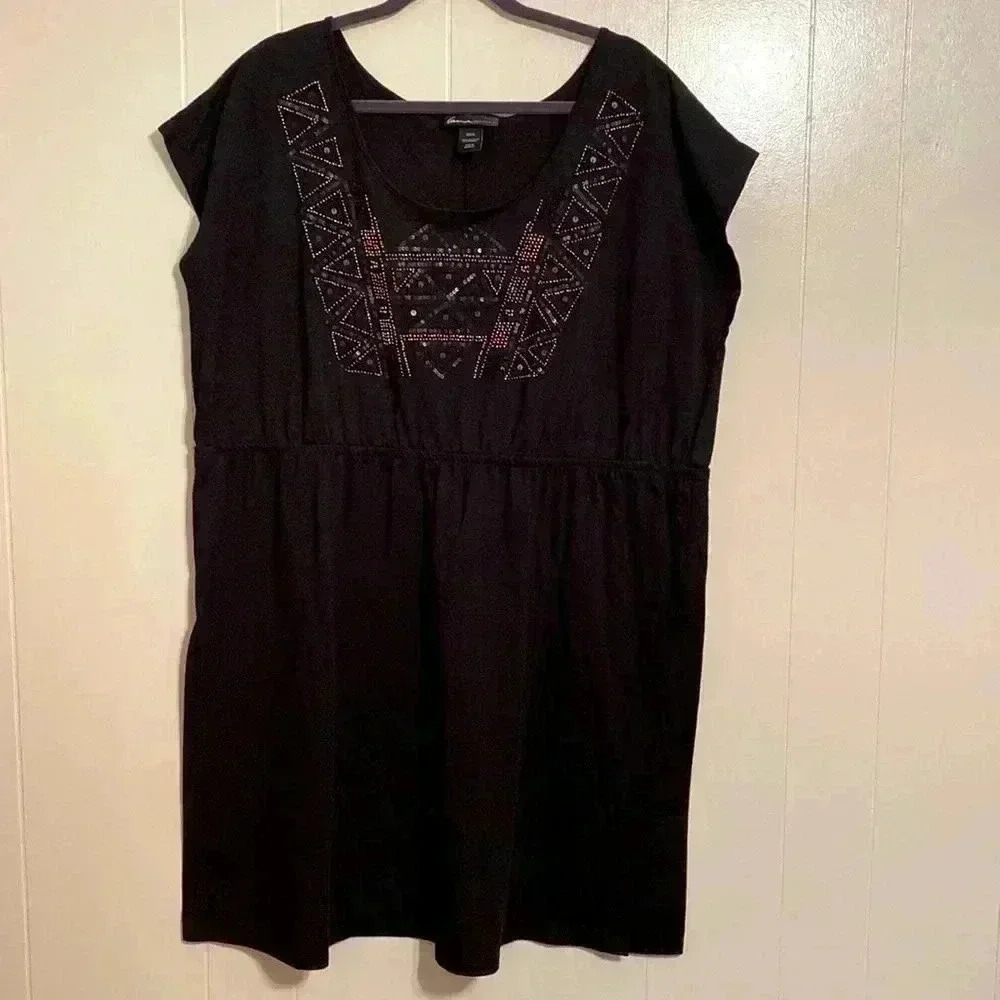 Lane Bryant 22/24 Plus Sized Short Cap Sleeve Black Beaded Dress Tunic Coverup.